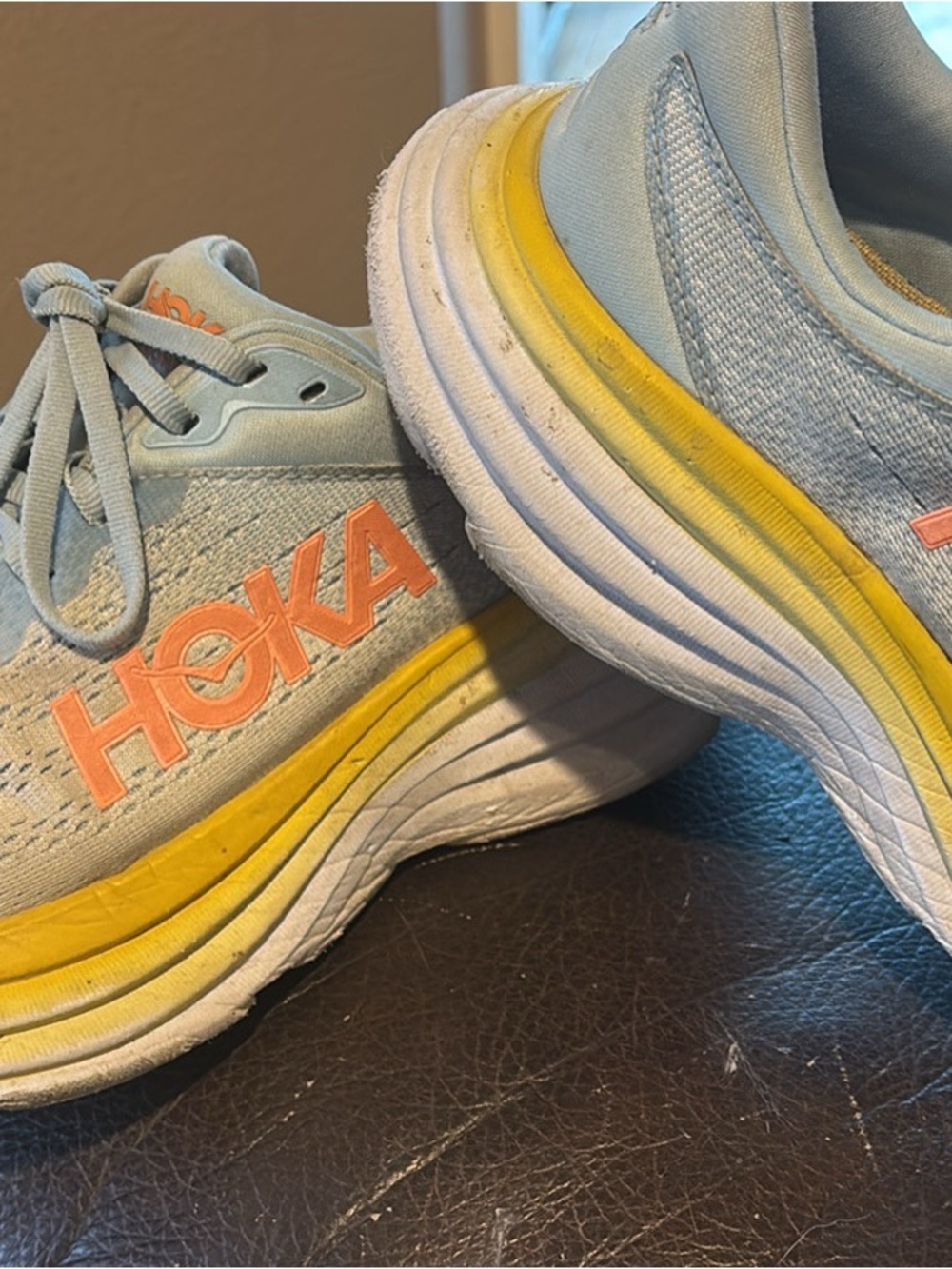 HOKA womens Light Blue and Yellow Running Shoes